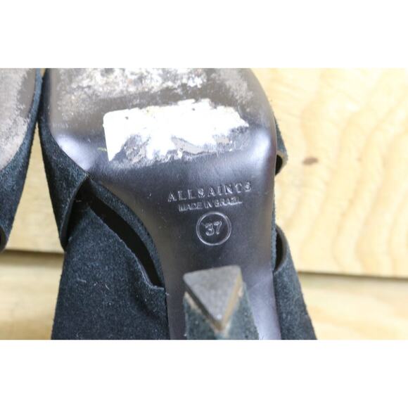 All Saints Womens 6.5 Black Suede Ulla Peep Toe Heels Sandals Strappy Buckle - Picture 8 of 8